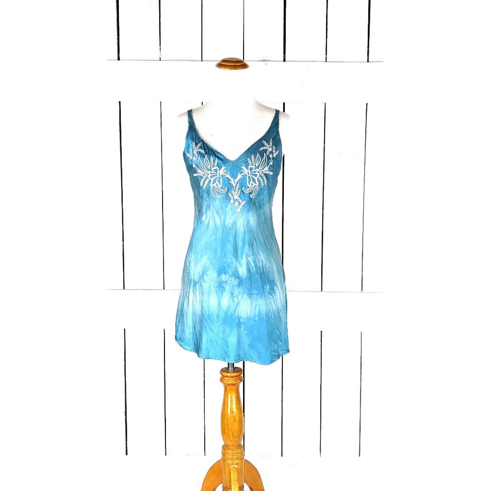 Vintage Victorias Secret blue tie dye silk floral embroidered teddy lingerie sli